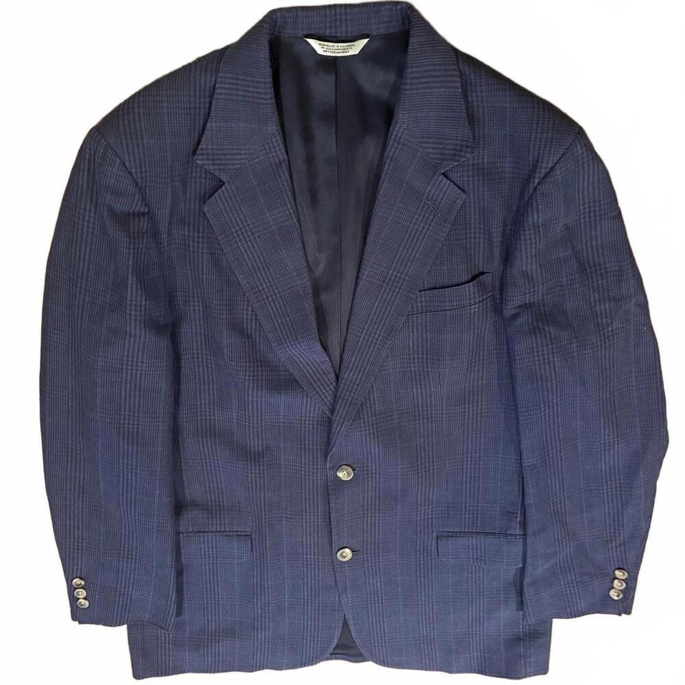 Eddie Bauer Navy Blue Plaid Suit Jacket 42T Linen Cotton Old Money Quiet Luxury